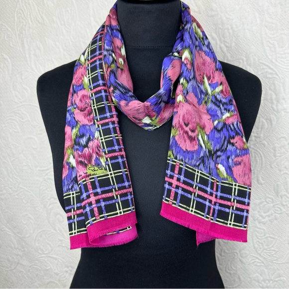 Oscar de la Renta Accessory Street Vintage Silk Oblong Scarf Floral Plaid - Picture 3 of 10